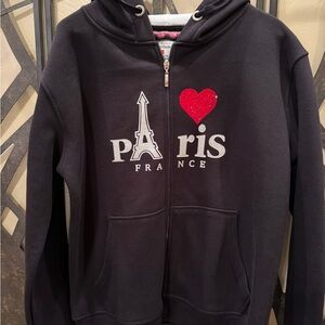 Paris France Black Hoodie with Rhinestone Red Heart and Silver Paris